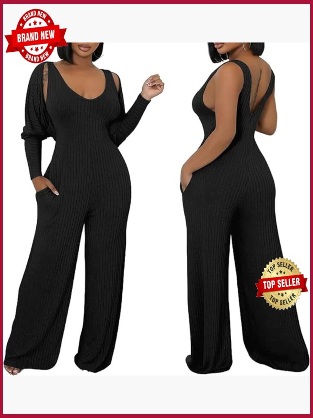 Ribbed Knit 2 Piece Jumpsuit Set with Cardigan & Pockets